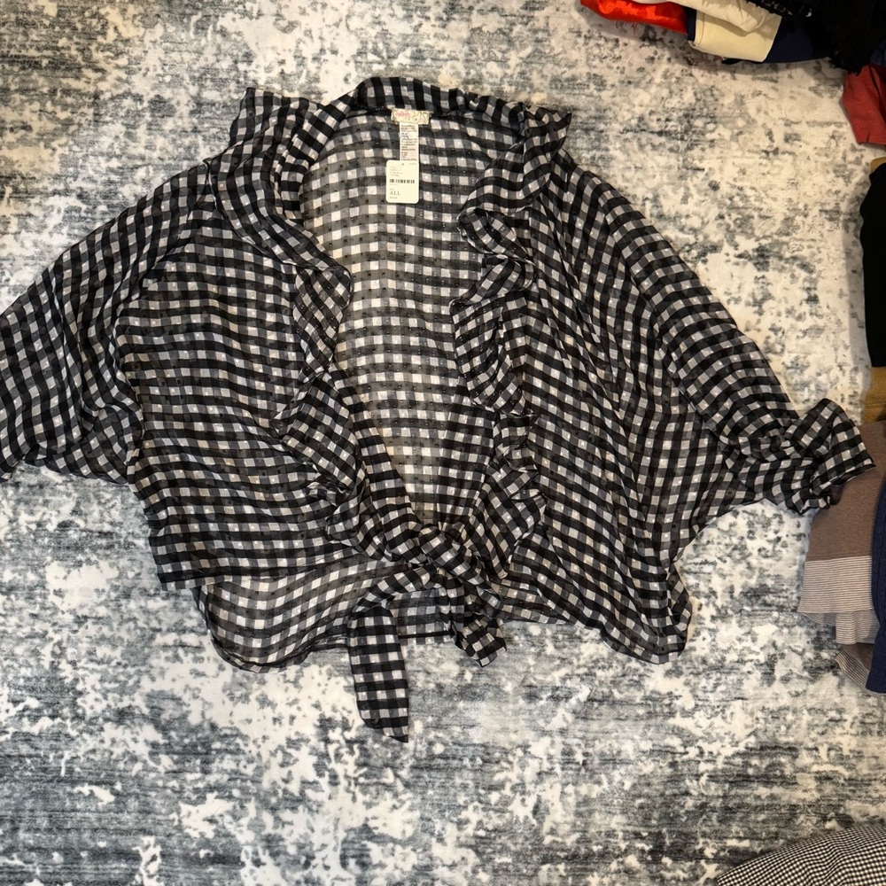 Free People Picnic Plaid Tie Front Gingham Ruffle Top Black‎ White OS NWT - Picture 4 of 7